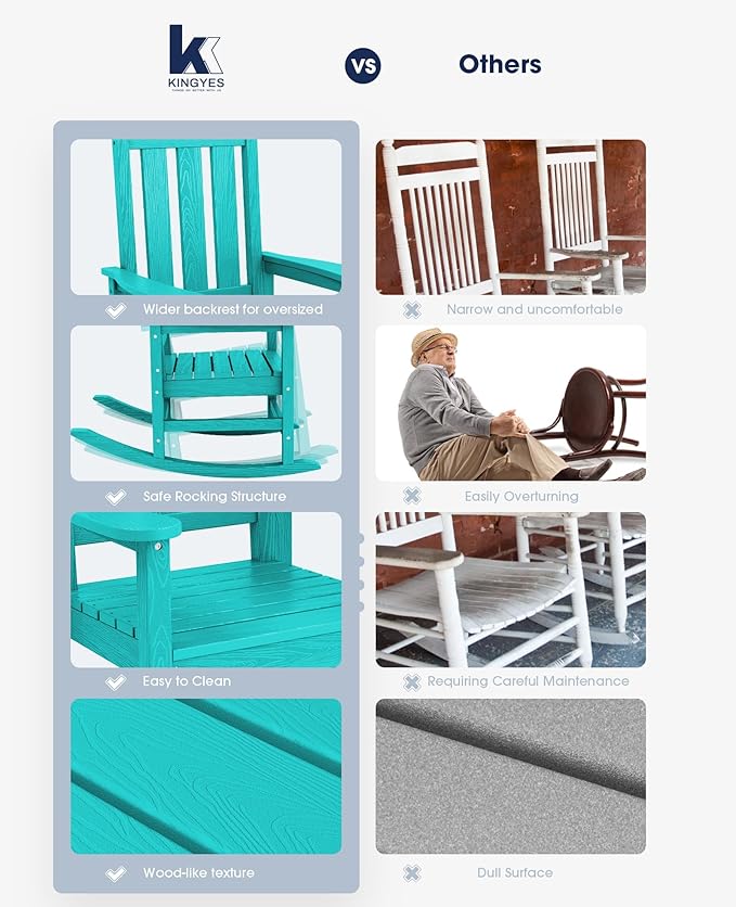 KINGYES Oversized Outdoor Rocking Chair, All-Weather Patio Rocking Chairs for Porch, HDPE Outdoor Patio Rockers with High Back & Wide Seat for Garden, Lawn, Aruba
