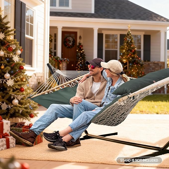 SUNCREAT Portable Double Rope Hammock with Pad, Two Person Tree Hammock for Garden, Backyard, Patio, Poolside, Gray Green