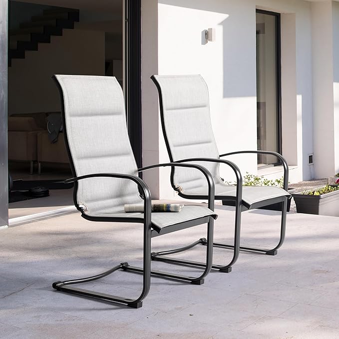 NUU GARDEN Patio Dining Chairs Set of 2, All-Weather Padded Textilene Chairs with Spring Motion and High Back, Breathable Outdoor Dining Chairs for Backyard Lawn Deck, Gray