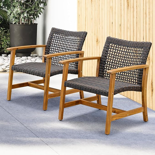 Idzo Liberte 500lbs Capacity Acacia Outdoor Club Chairs Set of 2, FSC Teak Finish Wood Patio Furniture Sets with Upgraded 2000Hours UV Resistant Wicker