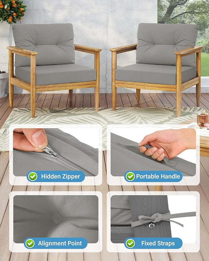 YEFU 24x24 Outdoor Cushions for Patio Furniture: Waterproof Fade Resistant Outdoor Seat Cushions Set of 2 - Olefin Deep Seat Paio Cushion Pads Replacement with Ties for Chair Sofa Couch(Light Gray)