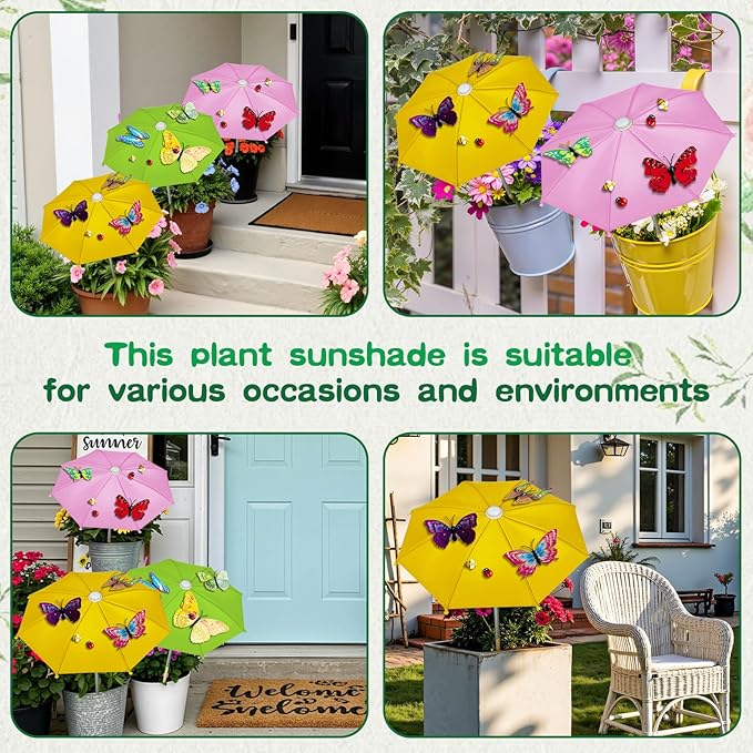 3 pack Plants Umbrellas for Outdoor Plants, Garden Small Umbrellas for Potted Plants & Garden Beds Provide Sun Shade and Rain Protection with 12 Butterflies and 8 Insect Accessories