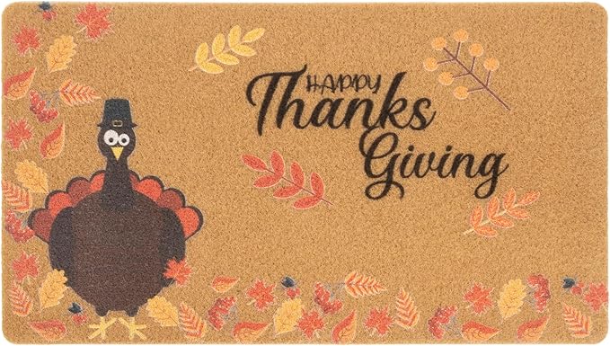 Thanksgiving Doormat Turkey Maple-Leaf for Front Door Indoor Outdoor Entrance Porch, Faux-Coir Non-Slip Dirt-Trapping Fall Decor Door Mat 17"x30"