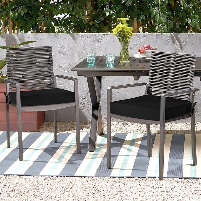 Waterproof Outdoor Chair Cushions Set of 2, Square Outdoor Seat Cushions with Ties and Removable Covers, 22 x 22 Outdoor Cushions for Patio Furniture with Portable Handle(Black)