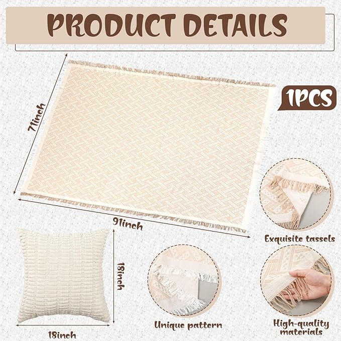 Novabright 9 Pcs Picnic Set Folding Table 30'' x 60'' Extra Large Outdoor Boho Picnic Blanket 91'' x 71'' Beige White Table Runner 6 Throw Pillow Cover Oversize Beach Blanket Washable for Camp Wedding