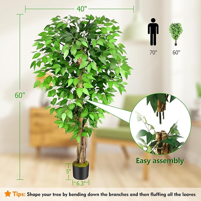 5ft Ficus Artificial Trees with Natural Curved Trunks, 60" Tall Lush Faux Tree for Home Decor Indoor, Green Lifelike Fake Ficus Tree Artificial Plants (Set of 2)