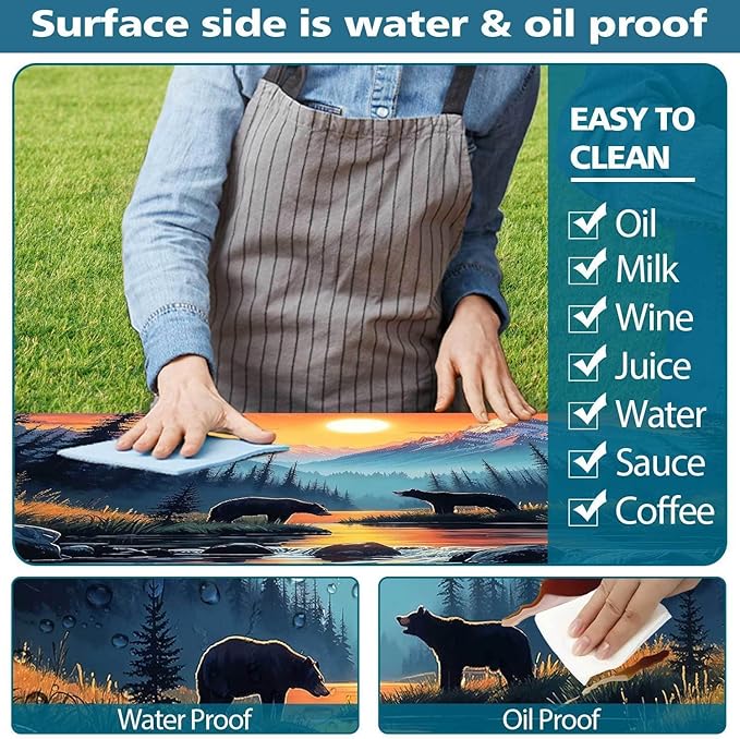 3PCS Picnic Table Cover with Bench Cover Bear Forest Sunset Pattern Camping Tablecloth Fitted Picnic Table Cover with Elastic Windproof Waterproof, Outdoor & Garden Camping Accessories 60IN