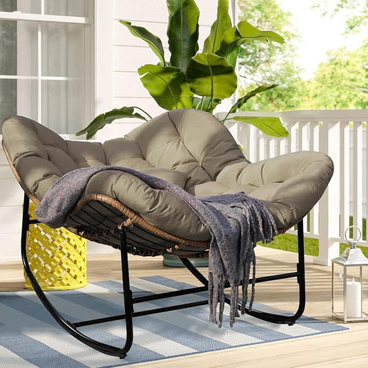 Papasan Rocking Chair, Oversized Papasan Chair with Cushion and Frame for Indoor& Outdoor, Deep Seat Egg-Shaped Rocker Chair for Garden, Deck, Living Room, Brown