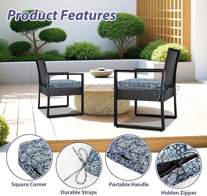 Outdoor Chair Cushions Set of 4,Waterproof Outdoor Seat Cushions for Patio Furniture,Patio Chair Cushion with Handle and Ties, Out Door Chair Pads,18.5" x 16" x 3", Green Paisley