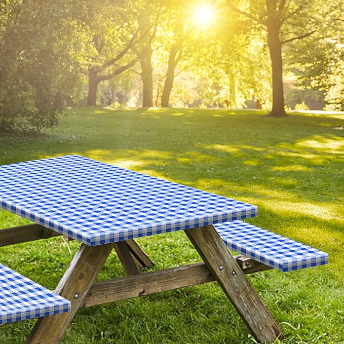KENOBEE 6ft Picnic Table and Bench Cover, Camping Essentials RV Gear, 72in Waterproof Windproof Outdoor Elastic All Around Tablecloth, Fitted Rectangle Tables and Seats, Blue-White Checkered