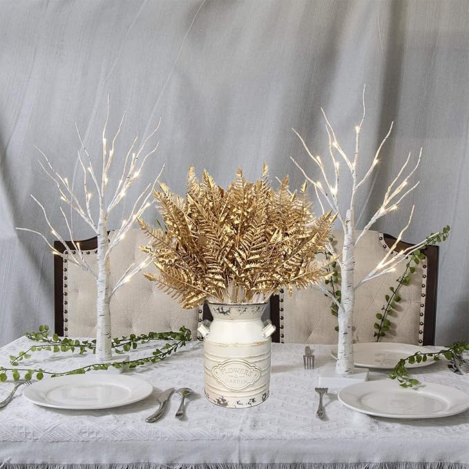 CATTREE Christmas Artificial Plants Decoration, Plastic Golden Shrubs Plant Simulation Boston Leaves Fake Fern Grass for Wedding Party Indoor DIY Home Office Table Centerpieces Decor - Gold 2 Pack