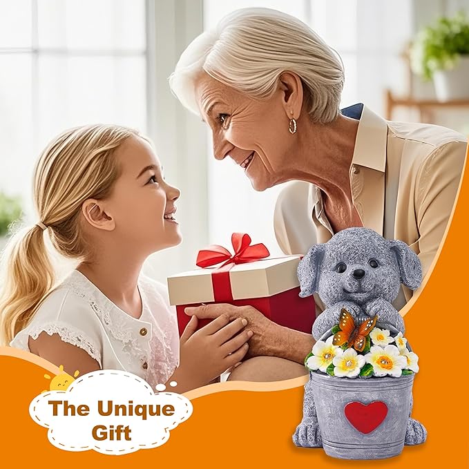 OTAVILEM Solar Garden Decor Dog Statue,Outdoor Dog Figurines with Bucket for Patio, Balcony, Backyard,Lawn Ornaments and Yard Decorations - Unique Gifts for Women, Mom,Grandma