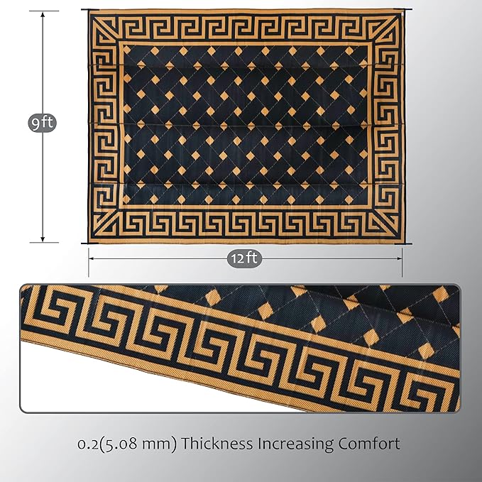 SAND MINE Reversible Mats, Plastic Straw Rug, Modern Area Rug, Large Floor Mat and Rug for Outdoors, RV, Patio, Backyard, Deck, Picnic, Beach, Trailer, Camping (9' x 12', Brown & Black)