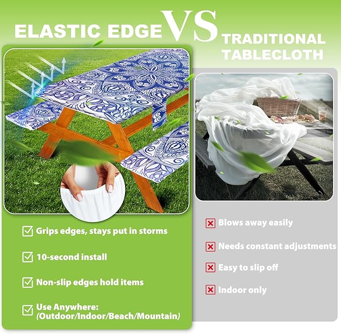 Picnic Table Cover with Bench Covers Vinyl Elastic Edges Fitted Rectangle Seat Tables Waterproof 3-Piece72X30in Set Outdoor Rectangular Folding Backing Tablecloth for Camping Over Size