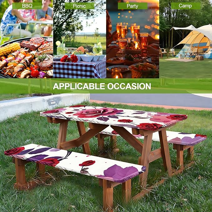 Romantic Roses Picnic Table Cover with Bench Covers Set of 3 - Red Roses and Floral Background, Elastic Fitted Tablecloth for 6 Ft Tables, Washable Polyester Cover for Patio, Indoor & Outdoor