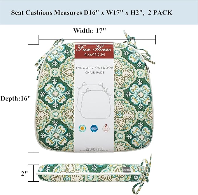FUNHOME Outdoor Chair Cushions Set of 2, Water-Repellent Patio Seat Cushions D16xW17 Inch, Round Corner Patio Chair Pads with Tie, Seat Cushions for Furniture Garden Office Decoration, Green Medal