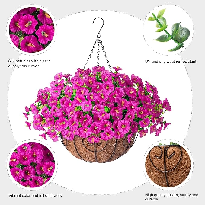 2 Set Artificial Hanging Flowers Baskets Fake Plants for Outdoors Spring Porch Decor, 24 Pcs UV Resistant Faux Silk Morning Glory Eucalyptus with 2 Hanging Planters Realistic for Outside Patio Outdoor