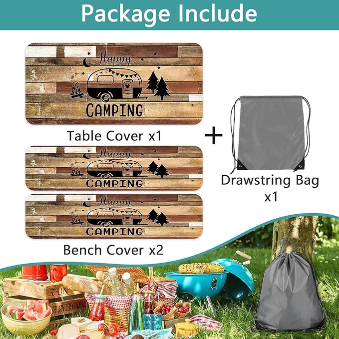 3PCS Picnic Table Cover with Bench Cover Brown Wooden Camping Tablecloth Fitted Picnic Picnic Table Cover with Elastic Windproof Waterproof, Outdoor & Garden Camping Accessories 96IN