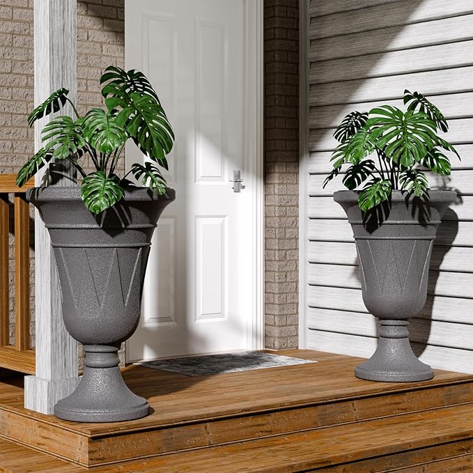 23.6" Tall Plastic Urn Planters for Outdoor Plants, Set of 2 Heavy-Duty Classic Indoor Large Flower Pots with Drainage Holes & Trophy Design, Outdoor Planters for Porch, Home Garden, Dark Grey