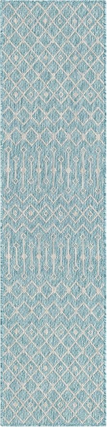Unique Loom Outdoor Trellis Collection Area Rug - Tribal Trellis (2' x 8' Runner, Aqua/ Ivory)