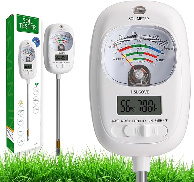HSLGOVE Soil Test Kit, 7-in-One Soil Moisture Meter/Soil PH Meter/Fertility, Dual Screen Soil Tester w/Digital Soil Temp/Air Temp&Humidity for Plants Gardening,Lawn,Farm Indoor&Outdoor-Milk White