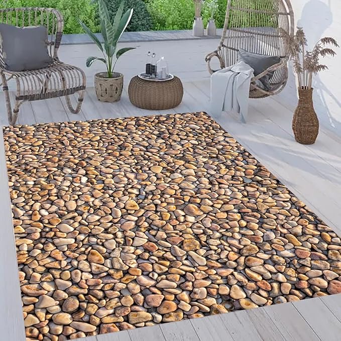 Coastal Beach Pebble Pattern Outdoor Rug 3x5 Washable Reversible Waterproof Thin Easy Clean Durable Beige Brown Outside Carpet for RV Camping Poolside Deck Balcony Garden Low Pile Floor Mat