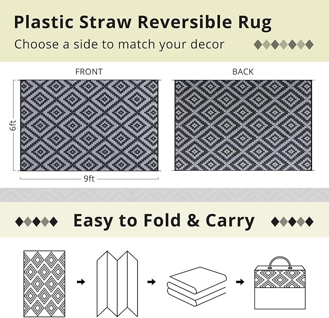 Outdoor Camping Rug Waterproof 6x9FT, Large Reversible Stain&UV Resistant Plastic Straw RV Rug for Outside Patio Pool Deck Beach Indoor, Area Carpet Mat with Portable Bag&4 Stakes-Black Grey Rhombus