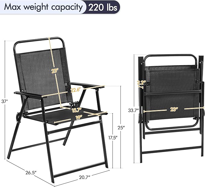 Yaheetech Outdoor Folding Patio Chairs Set of 4, Portable Outdoor Folding Chairs for Outside, Lawn, Garden and Porch with Metal Frame, Armrests, Stackable, Foldable and Portable Design, Black