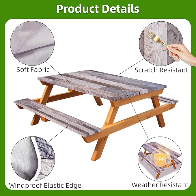 Picnic Table Cover with Bench Covers Farmhouse Waterproof Windproof Fitted Outdoor Tablecloth with Elastic Rectangle Table Cloth Camping Must Haves Rv Accessories,72x30 Inch (Wood )