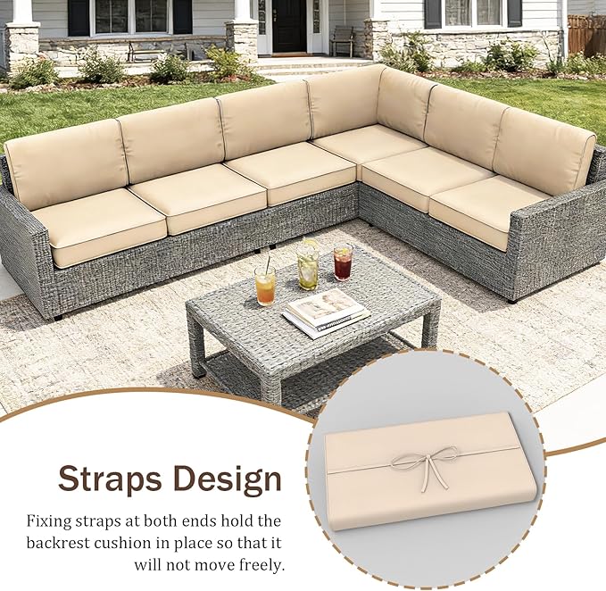 14 Pcs Outdoor Replacement Cushions for Patio Furniture, All Weather Water Resistant Cushion for 6 Seat Rattan Wicker Sectional Patio Conversation Sets and Couch (Khaki)
