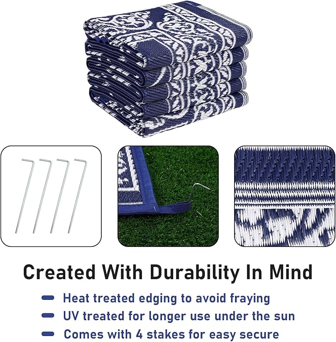 HiiARug Outdoor Rug 8'x10' for Patios Waterproof Patio Rugs Outdoor Mats for Front Porch,Beach Mat,Reversible Plastic Straw Camping Rugs for Outside RV,Deck,Balcony,Backyard Navy Blue