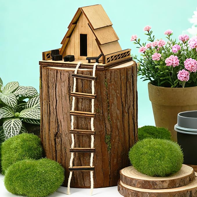 Mini Wooden Treehouse with Ladder - Plant Mini Treehouse, Miniature Flower Pot A-Frame Tree House, Fairy Garden House, Rustic Log Cabin Desktop Ornament
