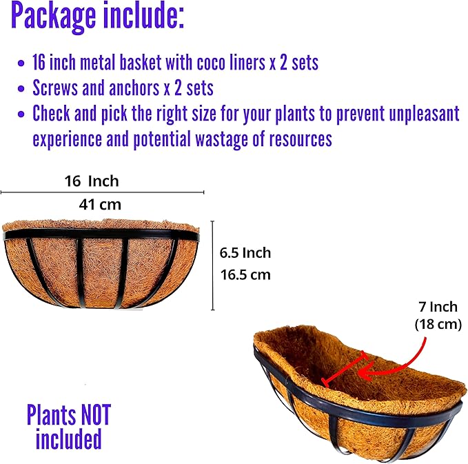 LaLaGreen Wall Planters - 16 Inch, 2 Pack Deck Railing Planter Boxes for Outdoor Plants, Window Flower Box with Coco Liners Metal Horse Troughs Fence Balcony Garden Herb Pot Patio Porch Over Rail