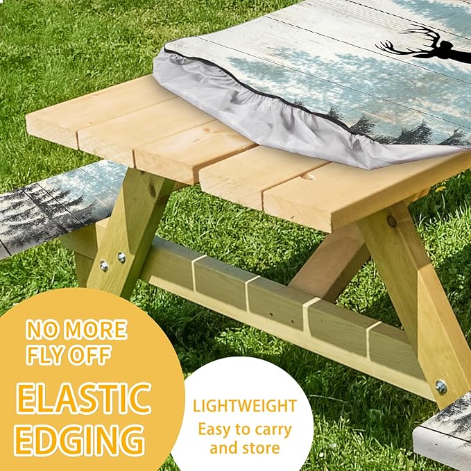 Picnic Table Cover with Bench Covers 72IN 6FT, Camping Essentials Tablecloth Waterproof Oilproof with elastic Edge for Indoor Outdoor Patio (Forest Deer)