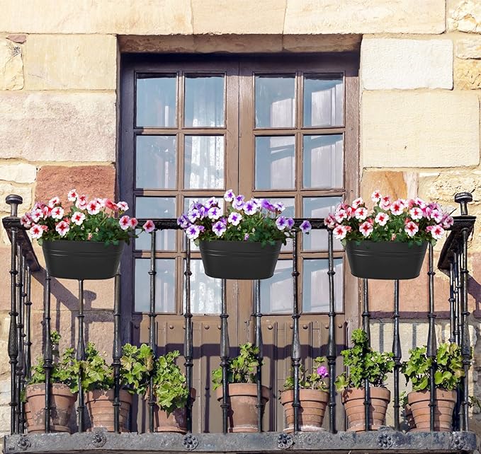 Dahey 3 Pcs Wall Planters for Indoor Plants 10.6 Inch Metal Hanging Flower Pots for Railing Fence Outdoor Countryside Window Flower Holder with Hooks Drainage Holes for Garden Yard Home Decor, Black