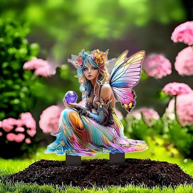 Garden Decor, Acrylic 2D Stake, Pot Plants Garden Yard Lawn Outdoor Fairy Statue Ornaments, Fairy Garden Accessories Decoration (Style A)