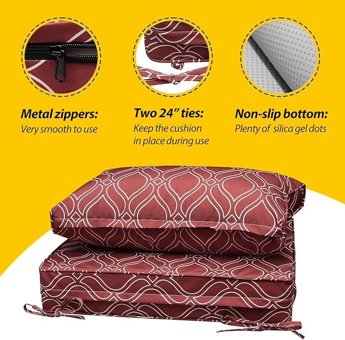 AAAAAcessories Outdoor Seat Cushions for Chairs, Fade-Resistant, Waterproof Patio Furniture Replacement Cushions, 23.5" x 25.5" x 5" + 23.5" x 13.5", Clay Red Vine Trellis
