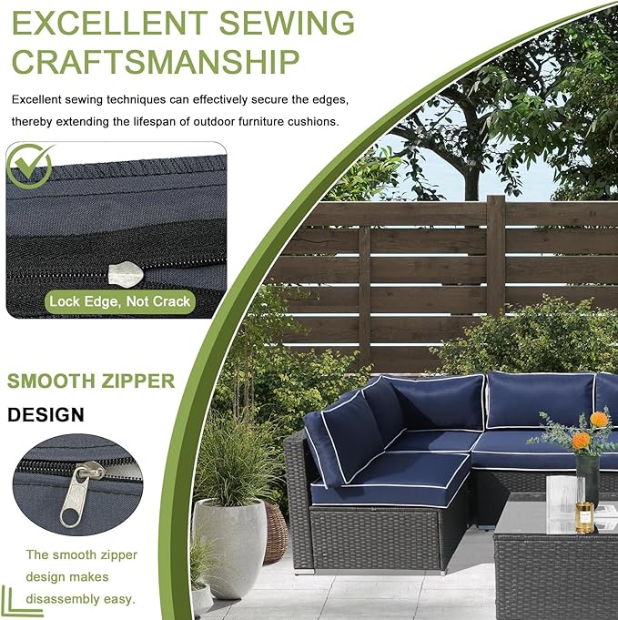 14Piece Outdoor Sofa Cushion Replacement, Patio Furniture Waterproof Cushion with Zippers, fit 6-Seat Outdoor Wicker Rattan Sectional Couch (Dark Blue + White Edge, 25.6"x25.6"x3.9")