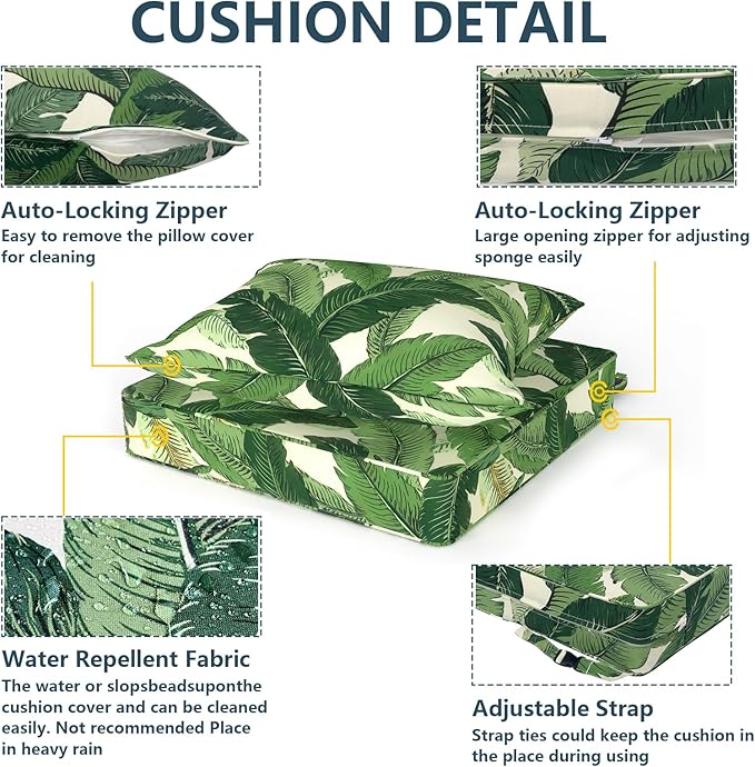 Outdoor Deep Seat Cushion Set, Water Repellent 24"x24" Patio Thick Cushions Replacement with Seat & Back Pillow for Patio Sofa, Wicker Chair, Couch - Swaying Palms Green