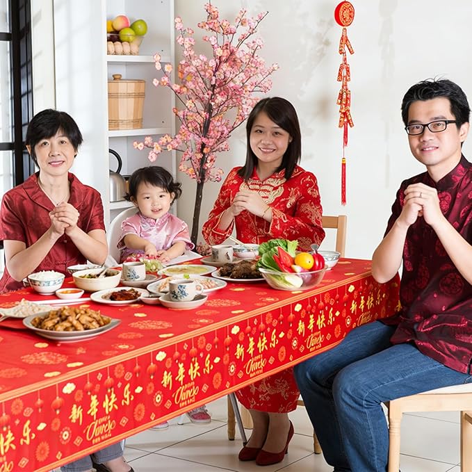 3 Pieces Chinese New Year Tablecloth - 54 x108 Inches Disposable Red Plastic Table Cover with Lanterns and Fireworks for Lunar New Year Party Supplies, Spring Festival Table Cloth Decorations