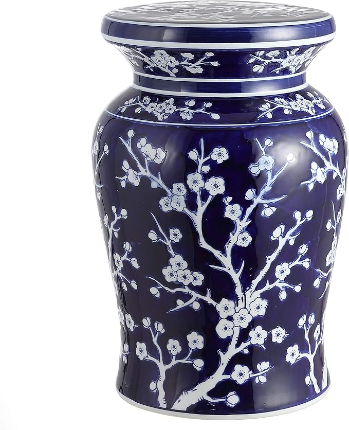 JONATHAN Y TBL1017A Cherry Blossom 17.7" Ceramic Indoor/Outdoor Garden Stool, Coastal, Contemporary, Transitional, Side Table, Plant Stand, Spill-Proof, Living Room, Garden Room, Patio, Navy/White