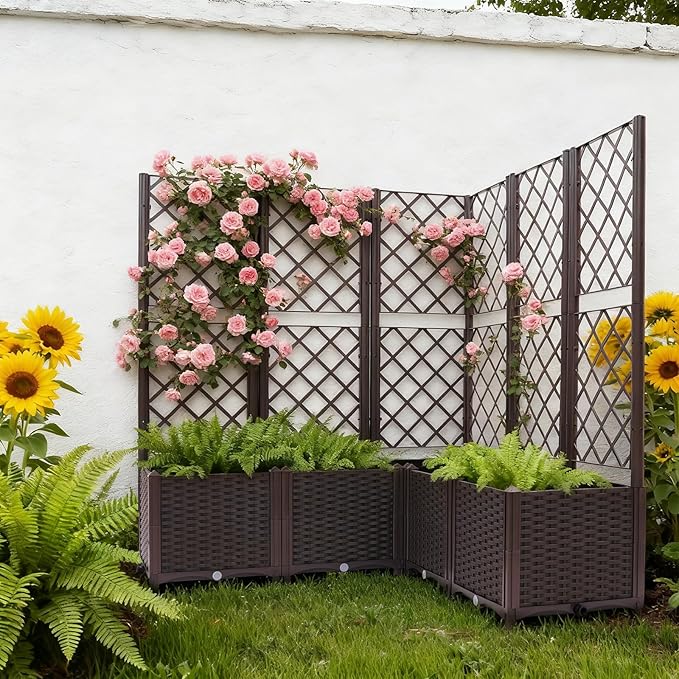 5PCS Raised Garden Bed with Treliis, Freestanding Garden Planter, Detachable Outdoor Planter Box, Vertical Garden Beds with Water Storage Mechanism for Climbing Growing, Backyard (Brown)
