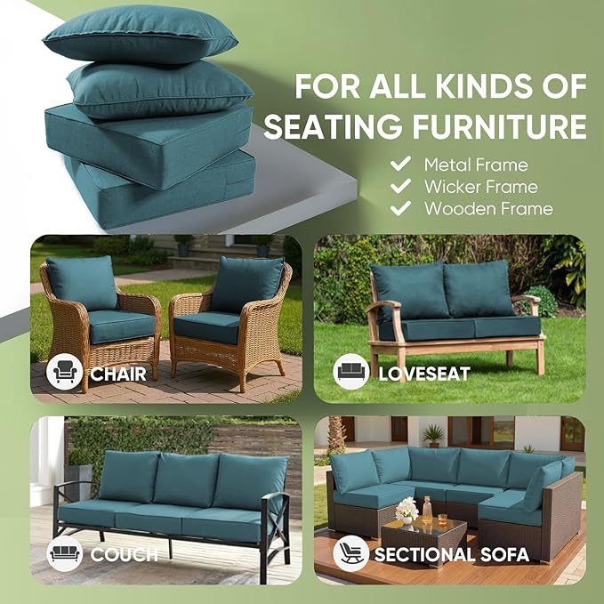 Outdoor Chair Cushion, 6 inch Thick Outdoor Cushions for Patio Furniture, 22x24 Waterproof Patio Chair Cushions, Include 1 Seat Cushion & 1 Back Pillow, Thick/Peacock Green