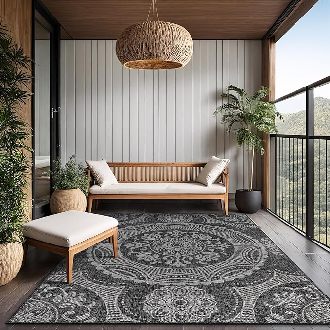 Medallion Outdoor Rug 5x7 Washable Outside Carpet for Indoor Patio Porch Waterproof Easy Cleaning Non Shedding Area Rugs Dark Gray 5 x 7