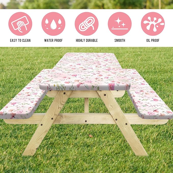 3PCS Picnic Table Cover with Bench Cover Cute Pink Floral Print Camping Tablecloth Fitted Picnic Picnic Table Cover with Elastic Windproof Waterproof, Outdoor & Garden Camping Accessories 60IN