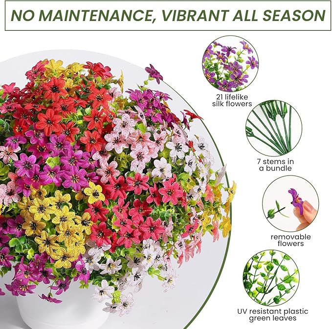 SHareconn 24 Bundles Artificial Flowers for Outdoors Spring Decoration, Fake Silk Realistic Faux Plants UV Resistant for Outside Planter Porch Patio Summer Indoor Decor, RedRosePurpleYellowPinkWhite