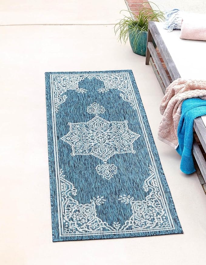 Unique Loom Outdoor Traditional Collection Area Rug - Antique (2' x 8' Runner Teal/Ivory)