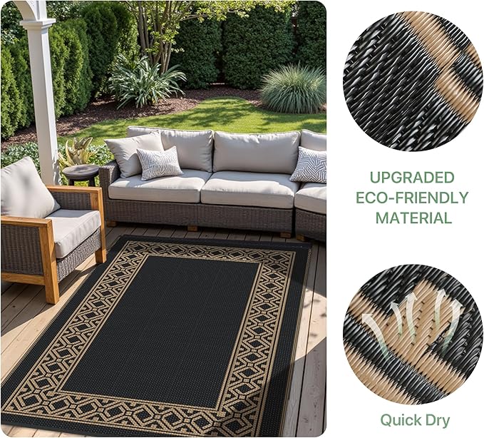 GENIMO Outdoor Rug Waterproof for Patio Decor, 6'x9' Foldable Reversible Plastic Straw Carpet, Outside Area Mat for Rv, Deck, Picnic, Porch, Camper, Balcony, Beach, Black Brown