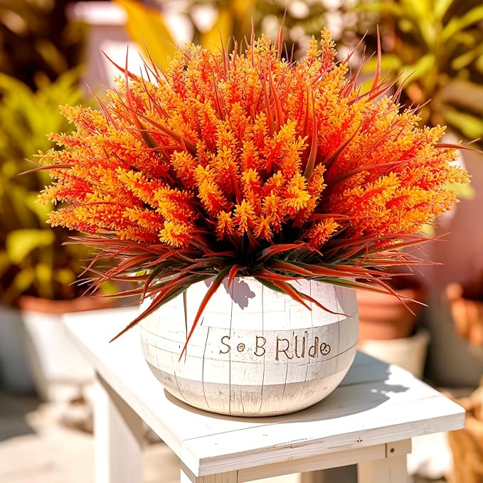 Geegoods 24 Bundles Artificial Fall Flowers Outdoor – Faux Lavender Flowers with Monkey Grass UV Resistant Plastic Faux Plants for Garden Porch Patio Home Decor, Autumn-Orange Color (Pack of 2)