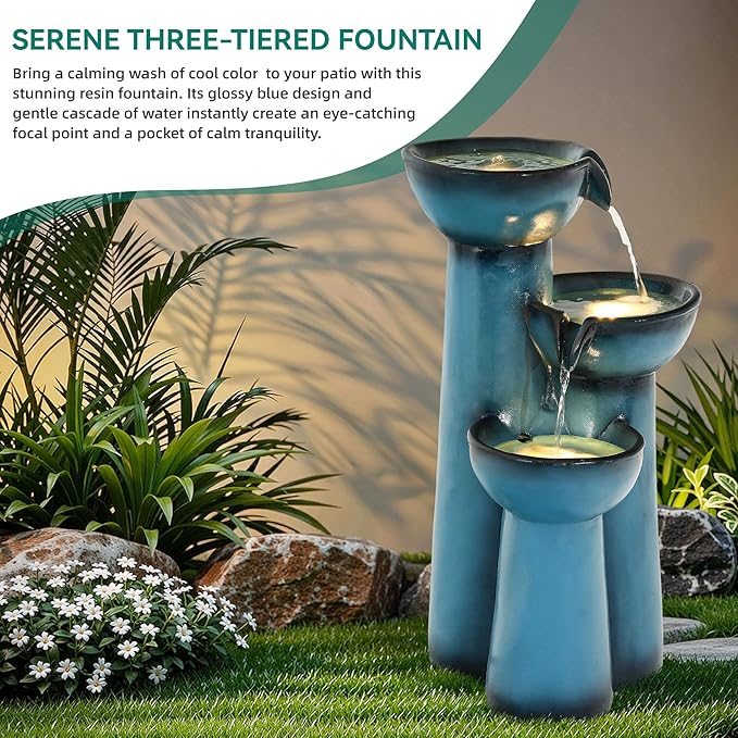 27" Outdoor Fountain, 3-Tier Modern Column Water Feature with LED Lights, Resin Soothing Cascading Waterfall for Patio, Backyard, Garden or Porch, Blue
